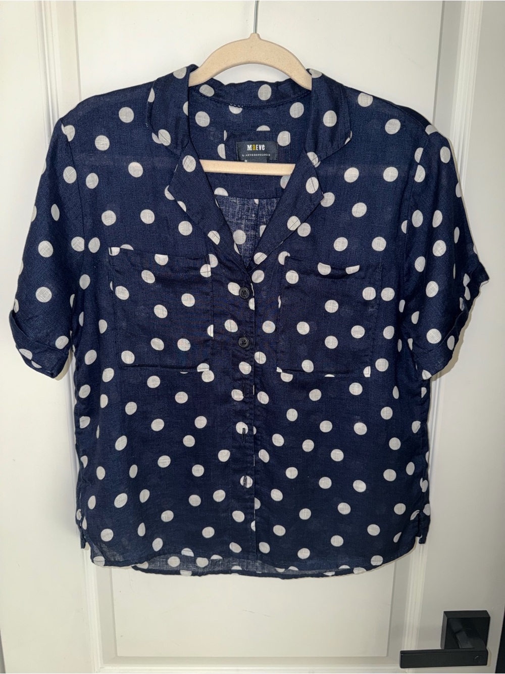 Maeve Anthropologie 100% Linen Polka Dot Blouse Small Navy Blue Short Sleeve Top